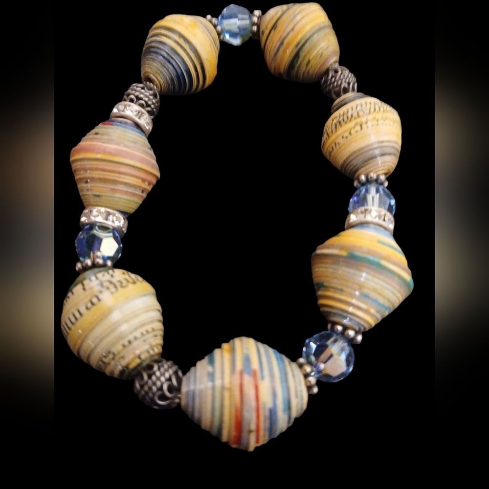 Multi Colored Bamboo Beads, Colored Glass Beads & Metal Beads On Elastic Band